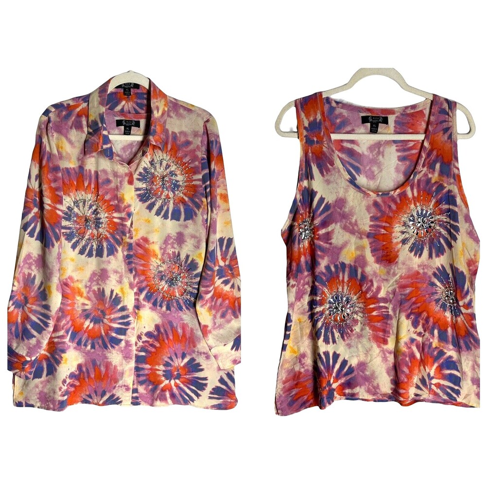 A.Z.I. Womens 2 PC Tunic Top Size XL Button Down Jeweled Beaded Abstracted Print